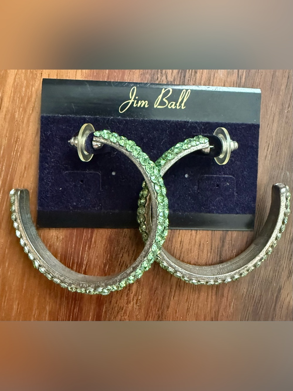 READ Jim Ball Green Crystal Rhinestone Pavé Hoop Large Earrings